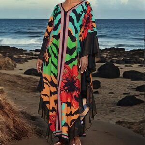Floral and Jungle Print Ruffled Hem Beach Coverup